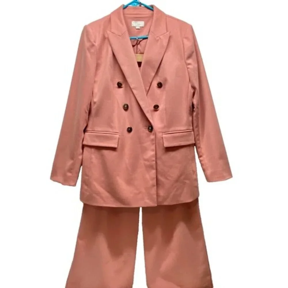 Loft Brushed Flannel Suit Women's 8 Blazer Jacket + Pant Set Pink Ruby Suits EUC